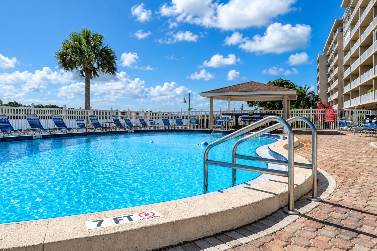 The heated bayfront pool with a palm, blue loungers along the rail and the covered bar