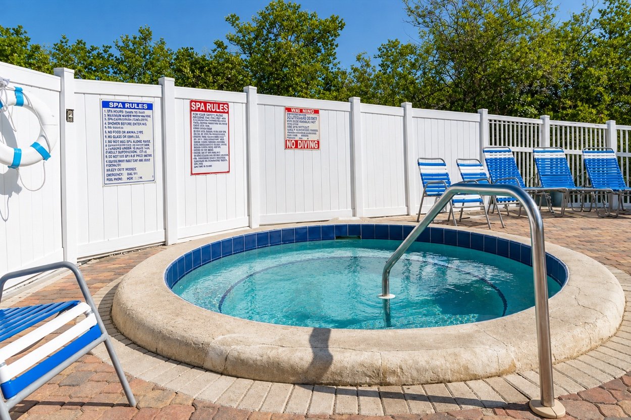The circular outdoor spa set into the pool deck, with loungers alongside
