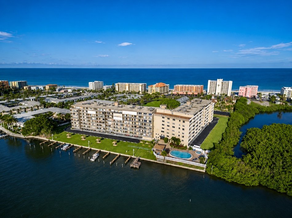 Aerial looking across the island toward the Gulf, with the Bay Shores building on the Intracoastal